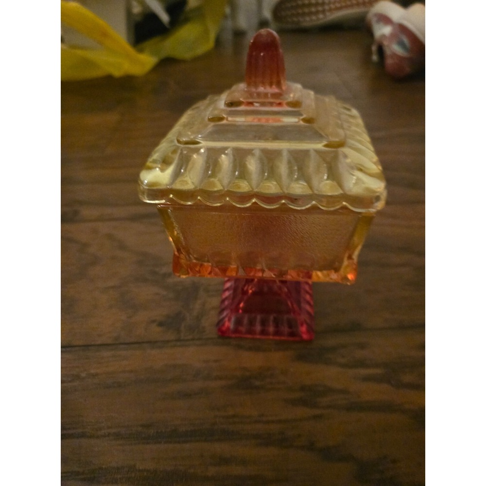 Vintage Jeanette Wedding Box Amberina Red Yellow Square Pedestal Candy Dish 6.5"